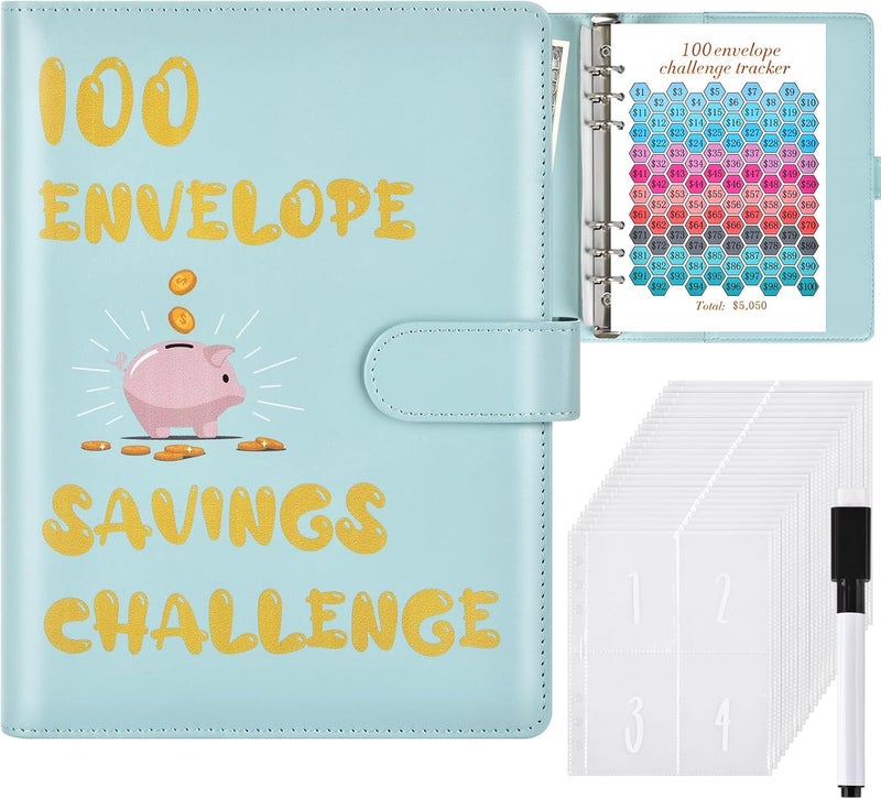 Wteehn 100 Envelopes Money Saving Challenge, Money Saving Binder, Savings Challenges Book With Envelopes, Cash Envelope Budget Binder Savings Book, 100 Day Savings $5050 Challenge Binder - Image 1